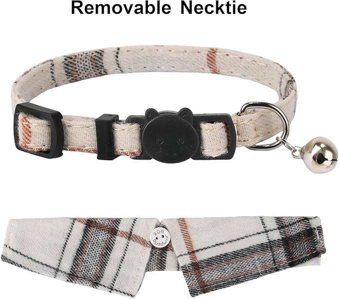 ADOGGYGO Cat Collar Breakaway with Bowtie Bell, Removable Shirt Collar, 2 Pack Beige Blue Plaid Collars for Cat Kitten