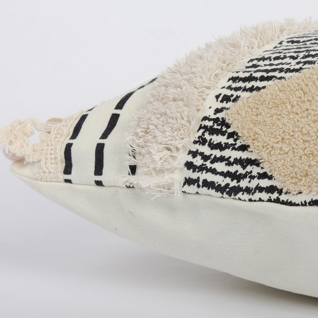 1Pc Boho Textured Lumbar Pillow Cover 12x 20, Diamond Woven Tufted Farmhouse Neutral Decorative Linen Pillow Cushion Case,Geometric Home Decor for Outdoor Couch Bedroom Car Black and White