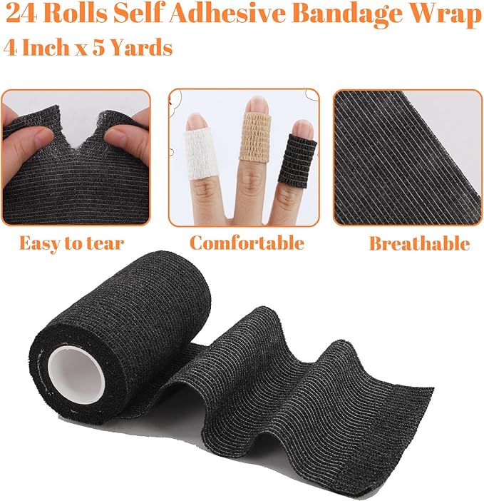 24 Rolls Self Adhesive Bandage Wrap, Vet Wrap 4 Inch for Horses Dogs Wounds Care Dressings, Elastic Self Stick Cohesive Bandage Wrap, Wrist, Sports, Ankle Tape Leg Wraps Black