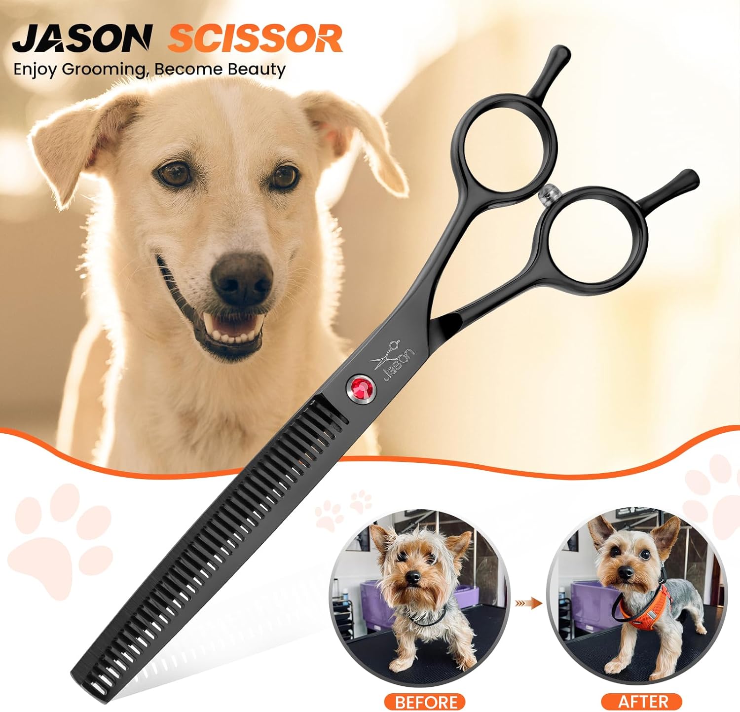 JASON 7.5" Dog Grooming Scissor - Professional Thinning Shear with 37 Teeth Japanese Stainless Steel Blender Scissors for Dogs, Cats and Other Pets (Thinning, Black)