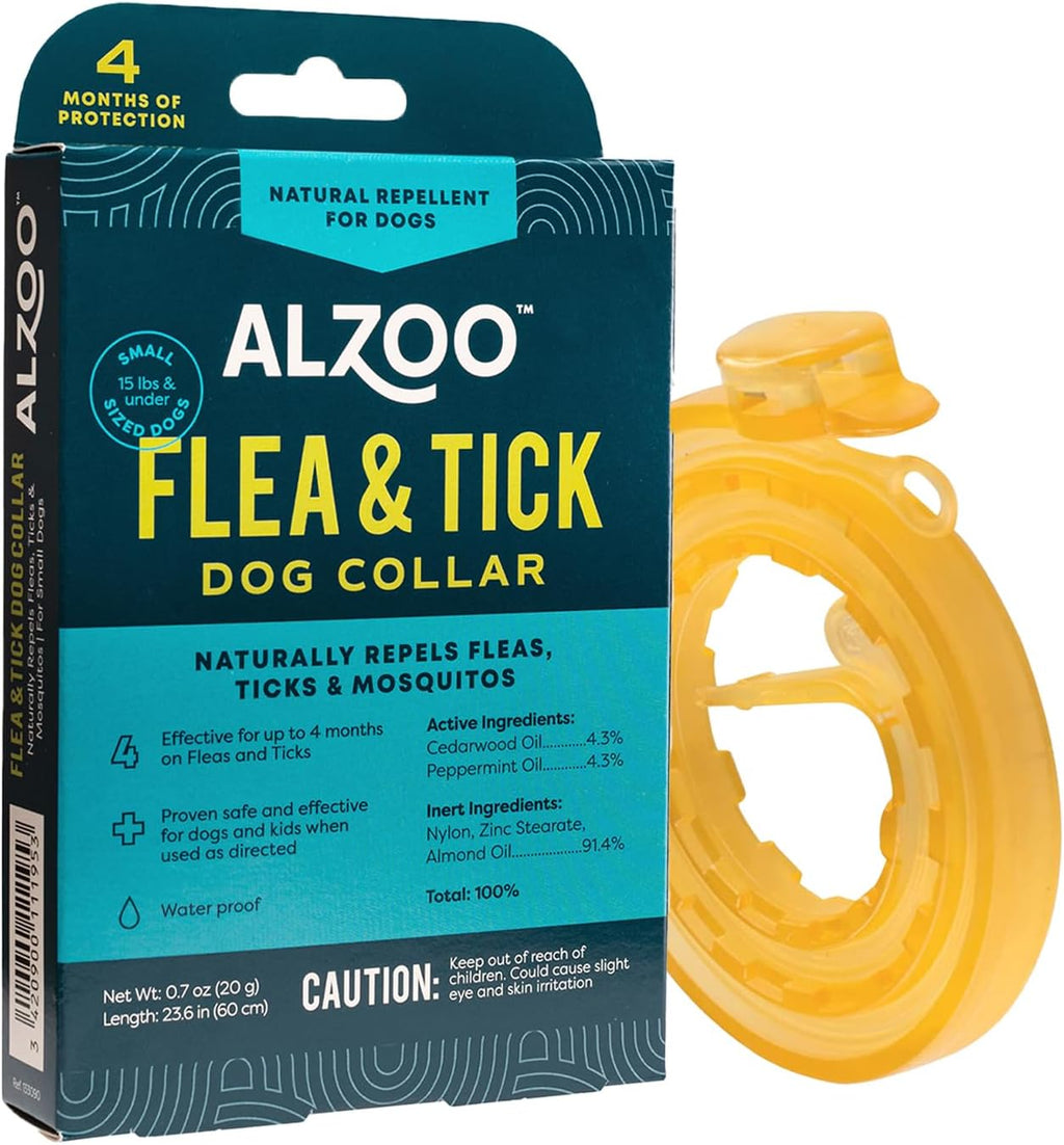 ALZOO Natural Flea & Tick Dog Collar - Helps Repel Fleas, Ticks & Mosquitoes - 100% Plant-Based Active Ingredients - Waterproof - Up to 4 Months Protection - Small-Sized Dogs: 15 lbs & Under - Single