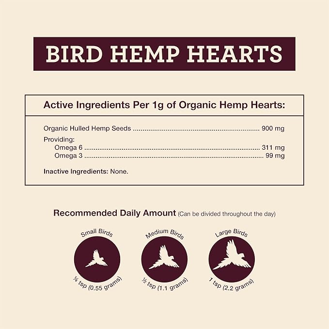 Hemp Well Organic Hemp Hearts for Birds - Reduces Feather Plucking, Promotes Relaxation, Immune Support, Organic, USA Grown, GMO Free – 8 Ounces
