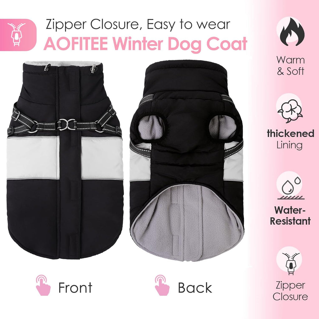 AOFITEE Dog Coat, Waterproof Dog Jacket Winter, Dogs Coat with Harness Built in, Warm Dogs Puffer Jacket with Zipper, Reflective Pet Snowsuit Sweater for Dachshund, French Bulldog, Boston Terrier, M
