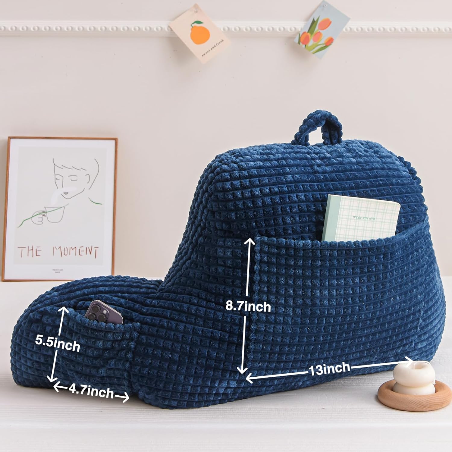 A Nice Night Reading Pillow Bed Wedge Large Adult Children Backrest with Arms Back Support for Sitting Up in Bed/Couch for Lounging Bedrest,Waffle Stereoscopic Design,Navy