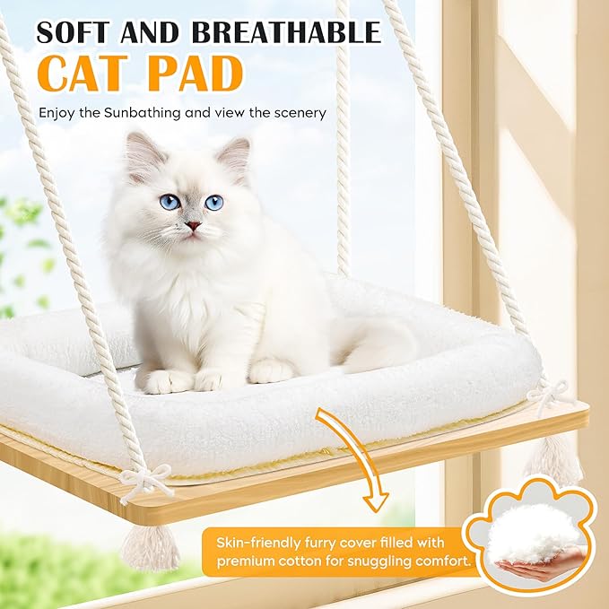 Cat Window Perch Cat Hammock Kitten Window Seat with Cushion Bed Cover Solid Wood Seat with Strong Suction Cups Hanging Kitten Bed for Small Medium Indoor