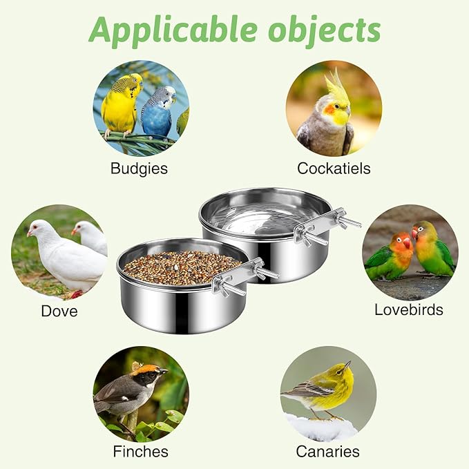 Tfwadmx 6 Pcs Stainless Steel Bird Bowls with Clamp,Clamp Holder Coop Cup,Bird Dishes for Cage, Cage Water Bowl for Cockatiels Lovebird Budgie Chinchilla
