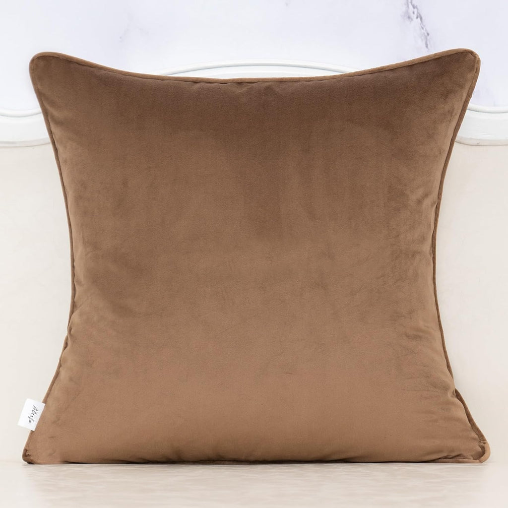 Alerfa Brown Throw Pillow Cover 20x20 Inch, Square Cut Velvet Maple Leaf Embroidery Luxury Farmhosue Accent Decorative Pillow Cover for Couch Living Room Bedroom