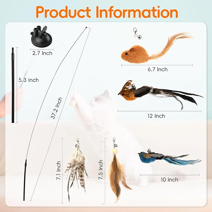 Interactive Bird Simulation Cat Feather Toy Set Cat Retractable Wand Toys Suction Cups Base,Include Detachable 7 Pcs Replacements Feathers Toys