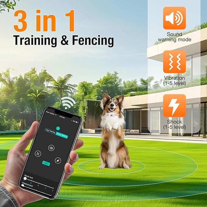 GPS + Wireless Dog Fence & Training Collar – No Subscription, App Geo-Fence 3280ft, 60-164ft Bluetooth Training, 3 Correction Modes, Auto Sleep/Wake, 7-Day Battery, 3-Dog Support (Black)