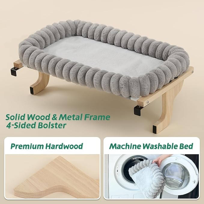 Zakkart SnugCloud Cat Window Perch with 4-Sided Bolster - Orthopedic Cat Hammock for Window Sill - Solid Hardwood & Metal Frame - Window Seat for Pets (Natural Color Wood w/Gray Bed, Large)