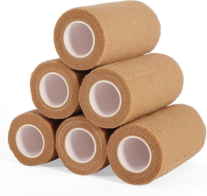 6 Rolls Elastic Self Adhesive Bandage Wrap 4 Inch, Breathable Non Woven Cohesive Bandage, Vet Wrap for Dogs, Ankle Sprains Swelling Medical First Aid Tape, Sports Athletic Tape Brown