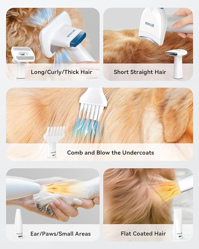 oneisall Dog Vacuum & Dryer for Shedding Grooming, 8 in 1 Dog Grooming Kit with Metal Blades Pet Clippers, Adjustable Speed and Temperature Control Blower