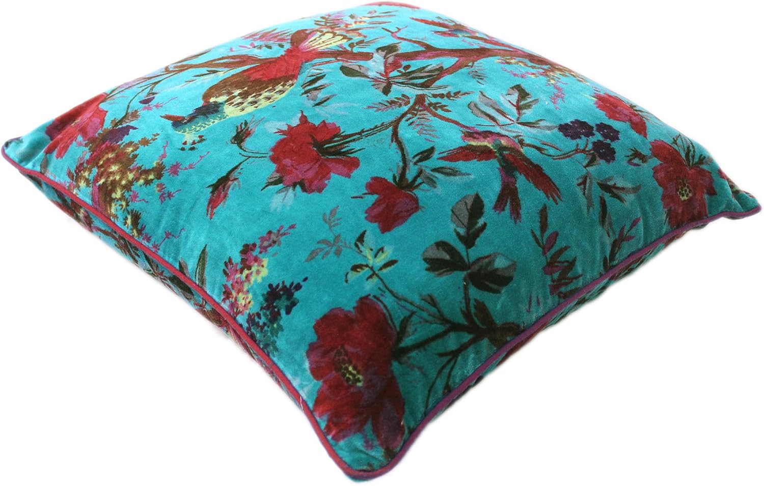 Eyes of India Velvet Floral Flower Bird Throw Pillow Sofa Cushion Cover Case Couch Colorful Boho Chic Bohemian Accent Indian Handmade (Teal, 24" x 24")