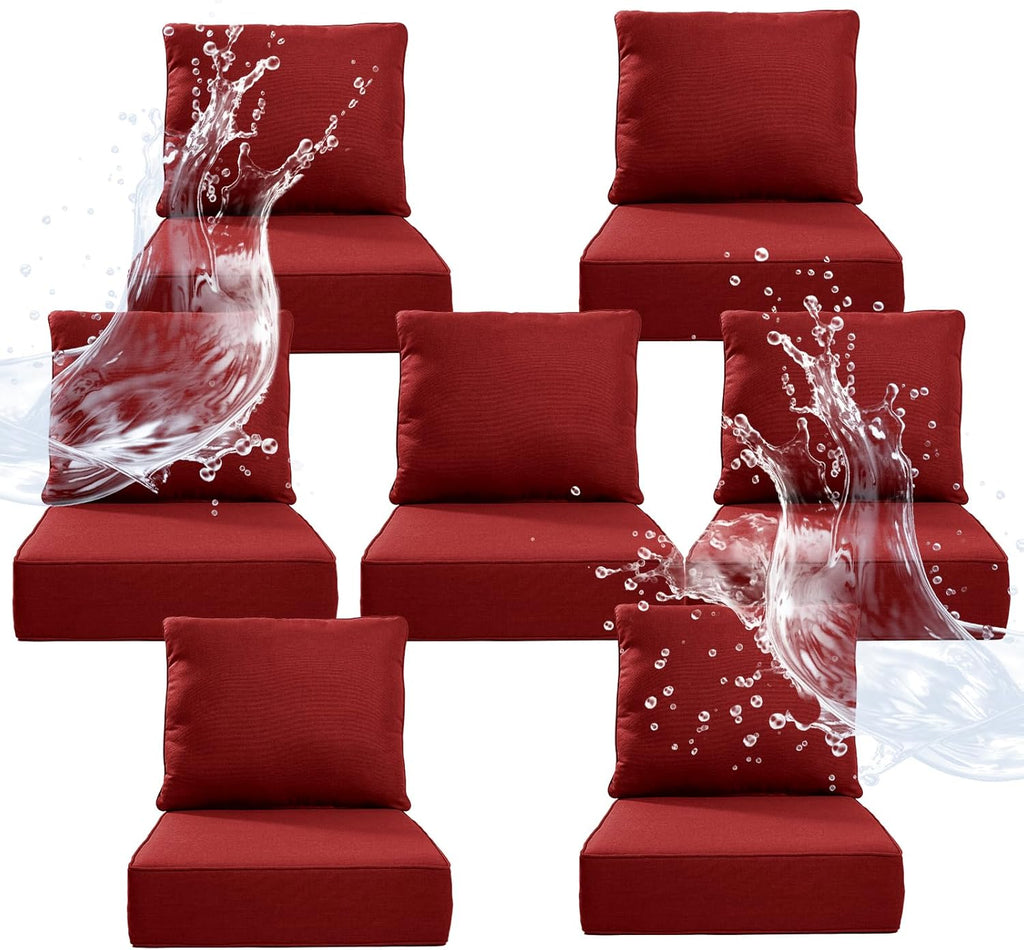 6" Thicker Outdoor Chair Cushion 7 Sets - 24" *24" *6" Waterproof Patio Furniture Cushions with Removable Cover, 28D High Density Sponge Filling Thicken Outdoor Patio Cushions - Red