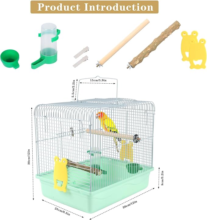 Portable Bird Cage for Small Birds - Green Bird Cage for Travel, Going Out, Walking to The Vet with Station Pole Food Box Water Fountain