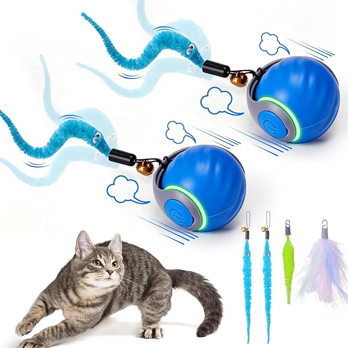 BABORUI 2Pack Blue Interactive Cat Toy Ball - Automatic Interactive Cat Toys for Indoor Cats with 3 Tails, 2 Speeds Rechargeable Enrichment for Small/Medium/Large to Keep Them Busy