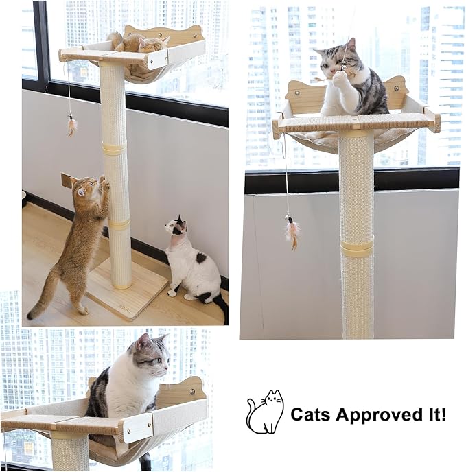 Upgraded Cat Window Perch with Scratching Post, 47.3" Adjustable Cat Tall Scratching Posts & Suction Cup – Multi-Level Perch for Climbing, Bird Watching, and Play, Supports 50 lbs (Drilling-Free)