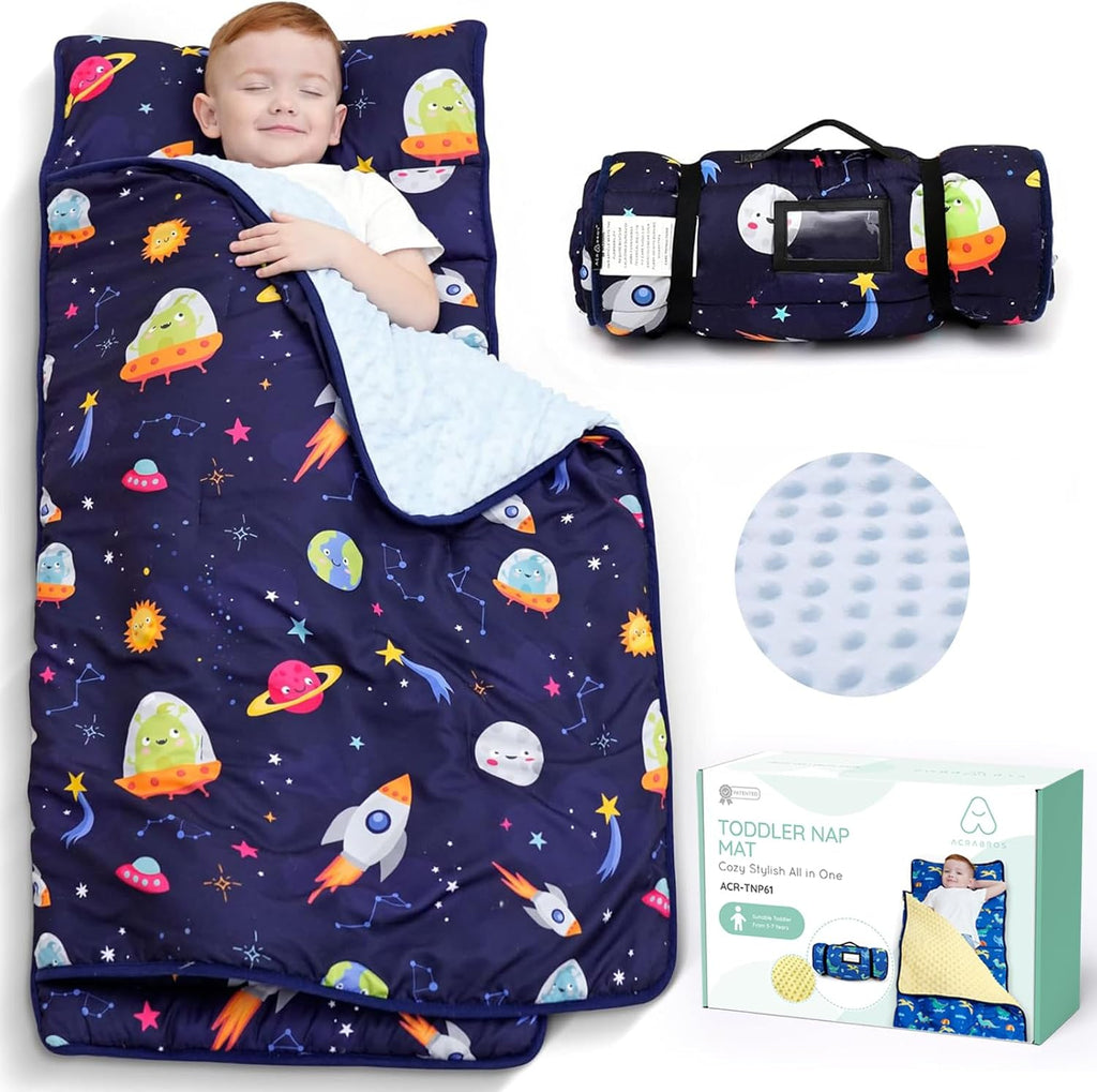 ACRABROS Toddler Nap Mat with Pillow and Blanket, Extra Large Rolled Napping Mats,Slumber Bags for Boys Girls,Kids Sleeping Bag for Daycare, Preschool Travel Camping,Space