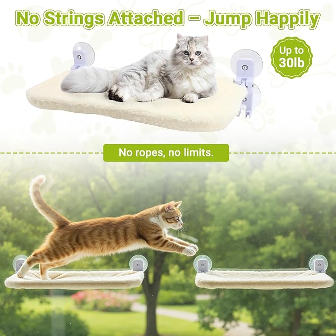 Cordless Cat Window Perch, Foldable Cats Hammock Window Bed with Metal Frame, Soft Cover, Large Suction Cups, Indoor Kitten Window Resting Seat for Spring/Fall, Creamy