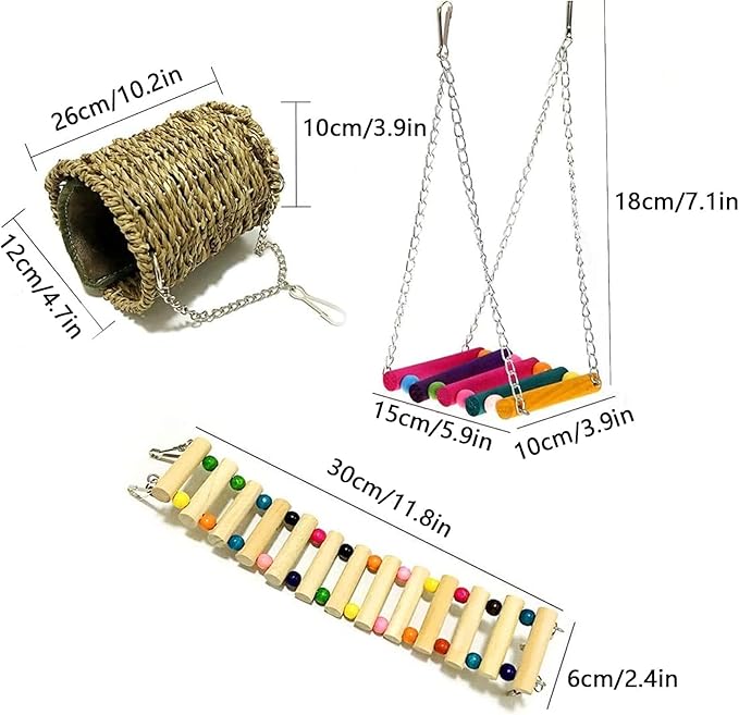 Hamiledyi Hamster Hanging Hammock Basket 3 Piece Wooden Rat Ladder Swing Set Cage Clmbing Toys for Syrian Hamster Sugar Glider Bird Mice Playing Sleeping