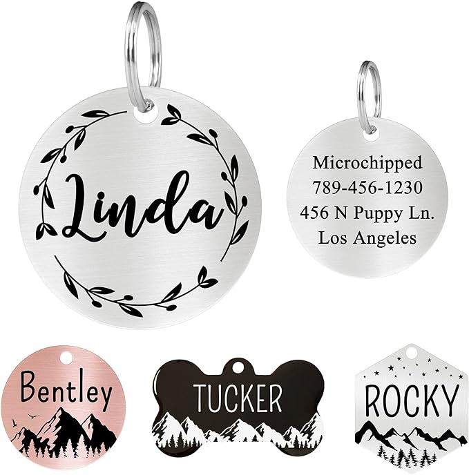 Ultra Joys Stainless Steel Pet ID Tags - Personalized Front & Back Engraving, Custom Dog & Cat Tags, Optional Two-Sided Engraving, Round Vine Design, Silver Large