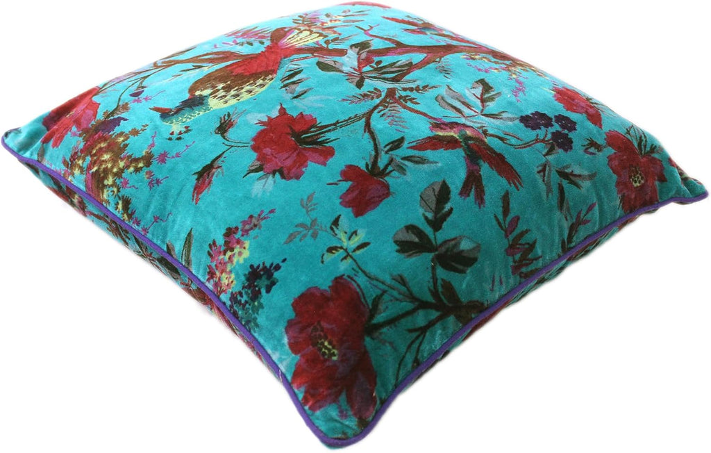 Eyes of India Velvet Floral Flower Bird Throw Pillow Sofa Cushion Cover Case Couch Colorful Boho Chic Bohemian Accent Indian Handmade (Teal, 20" x 12")