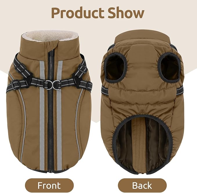Dog Winter Coat with Harness Built in Warm Puffer Dog Jackets for Small Medium Large Dogs Windproof Waterproof Outfit with Plush Lining and Reflective Stripes (Brown, M)