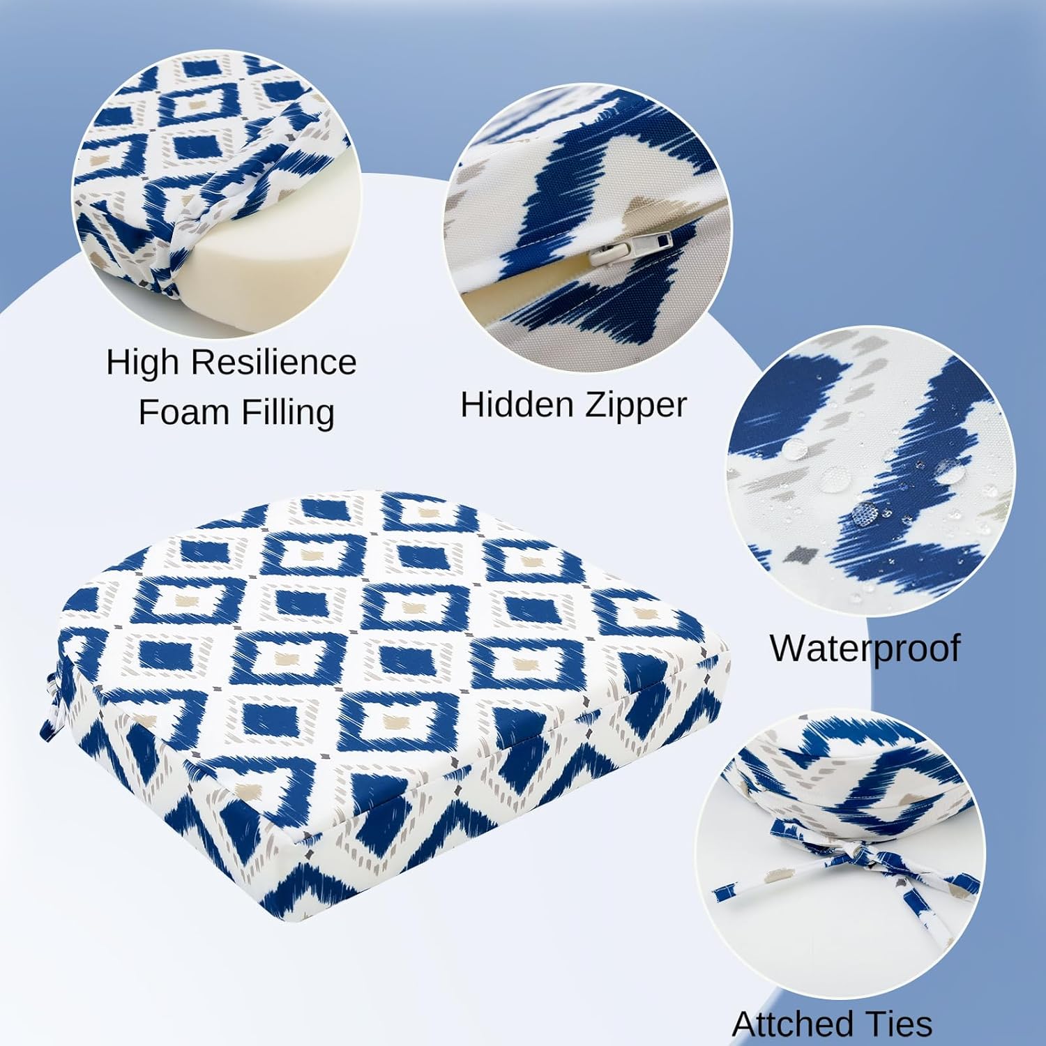 idee-home Outdoor Chair Cushions Set of 2, Thick 17" x 17" x 3" Outdoor Seat Cushions Patio Furniture Waterproof with Ties, Dining Pads