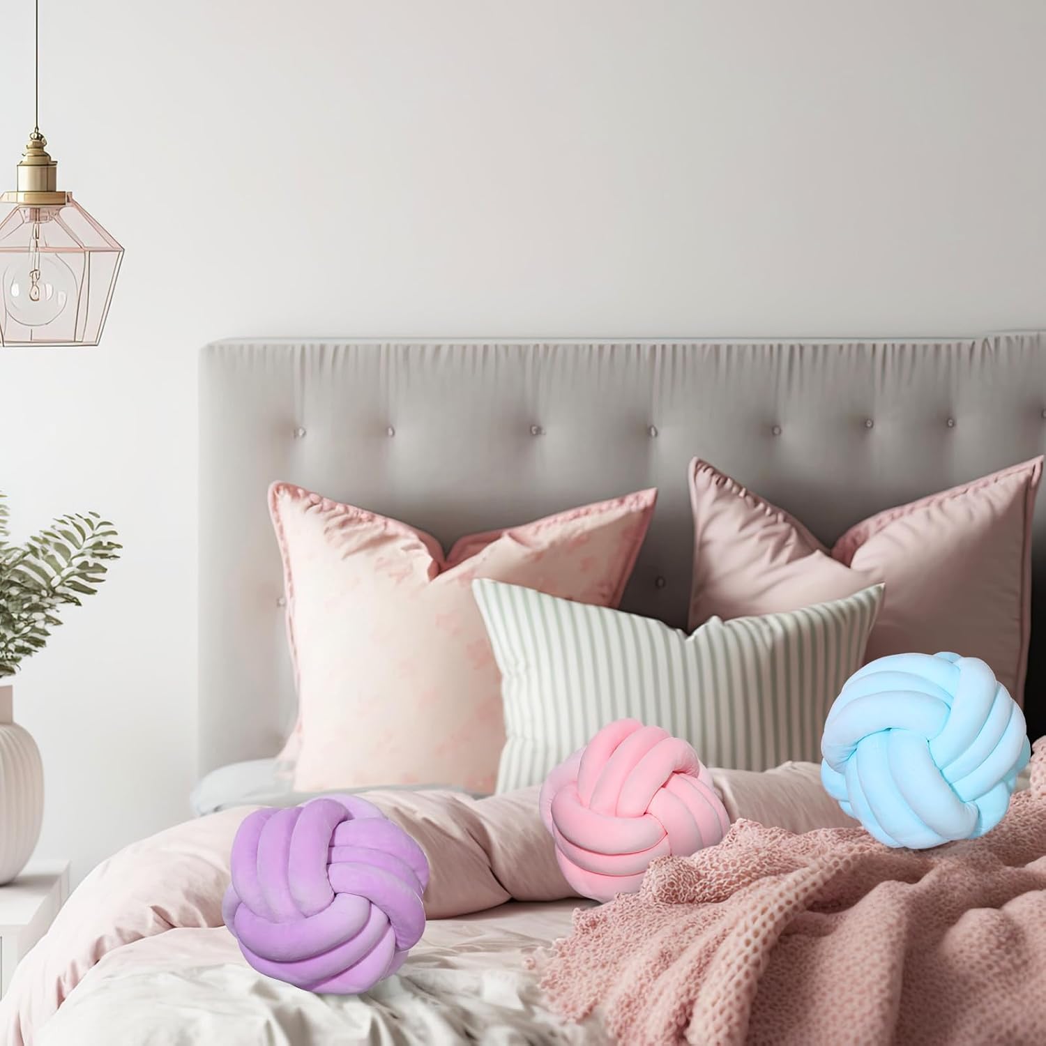 Yerliker 4 Pcs Knot Pillow Ball, 8.7 Inches Soft Home Decorative Round Throw Pillow Handmade Knotted Plush Accent Cushion Gifts for Nursery Decor Home Bed Sofa Bedroom Decoration