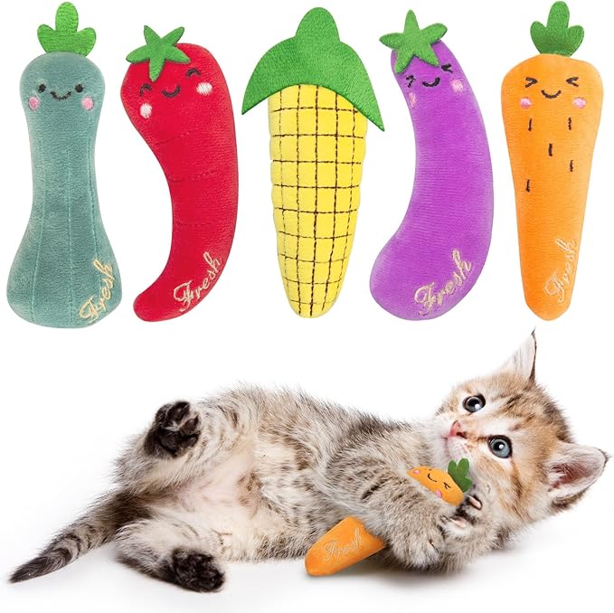 Catnip Cat Toys, Interactive Indoor Cat Nip Toy Kitty Kicker, Durable Kitten Teething Chew Toy, 5 Pack, Vegetable Shape