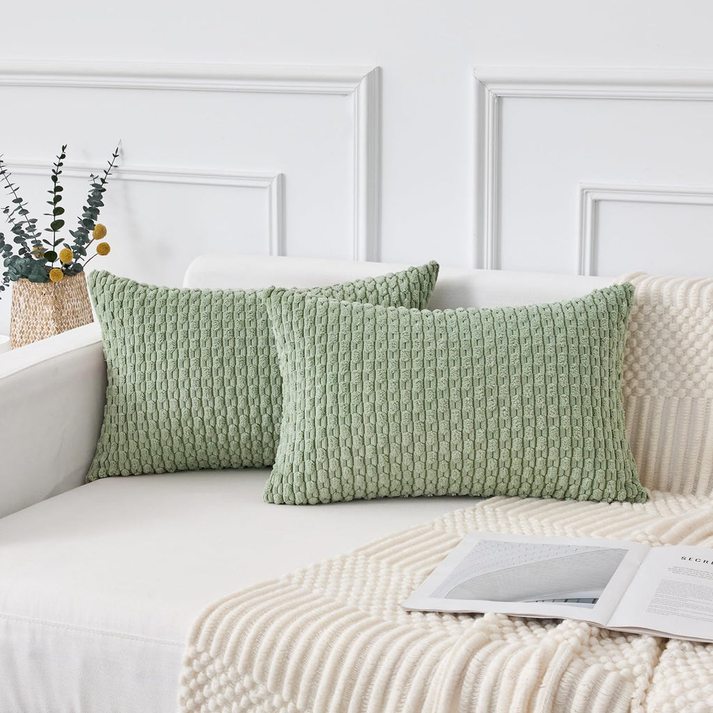 Kevin Textile 12x20 Inch Pillow Cover 1 Pack Boho Decorative Soft Striped Corduroy Lumbar Farmhouse Solid Color Accent Rectangle Cushion Case for Living Room Couch Sofa Bed, Sage Green