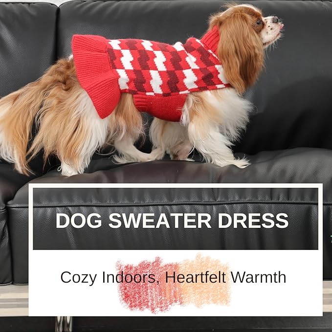 Dog Sweaters for Large Dogs Girl, Dog Sweater Dress with Leash Hole, Thick Turtleneck Knitwear for Female Dogs, Warm Fall Winter Dress for Cold Weather, Thanksgiving, Christmas - Red L