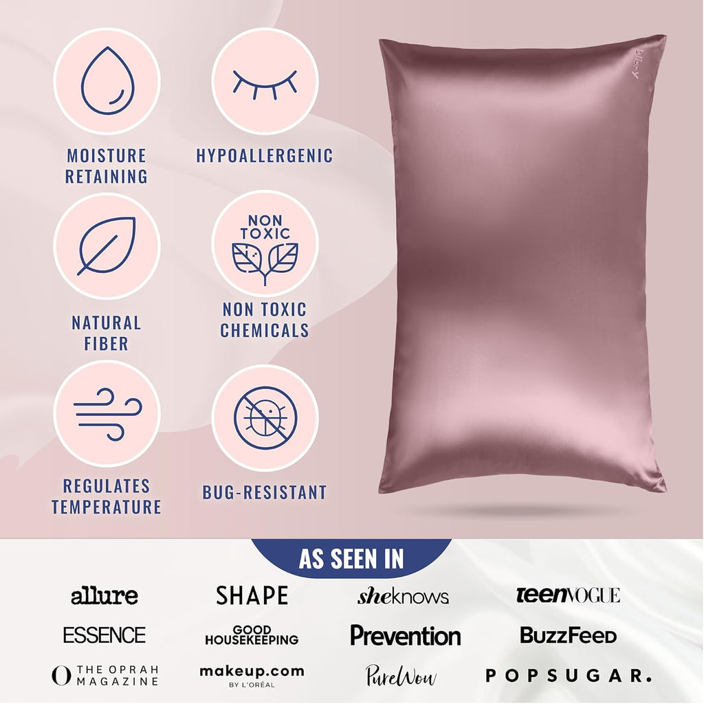 Blissy Silk Pillowcase - 100% Pure Mulberry Silk - 22 Momme 6A High-Grade Fibers - Silk Pillow Cover for Hair & Skin - Regular, Queen & King (Plum, Queen)