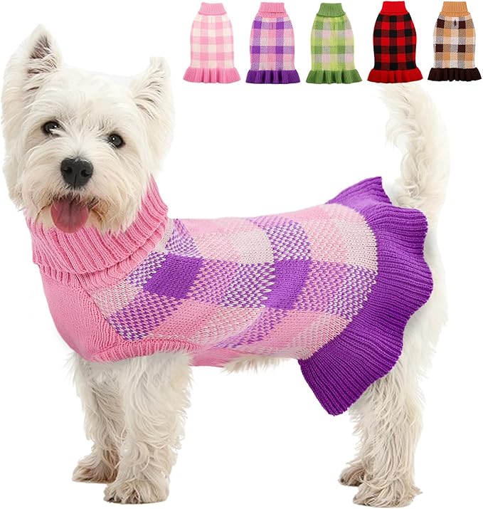 Dog Sweater Dress Plaid Knitwear for Small Medium Dogs Warm Puppy Pet Turtleneck Stretch Pullover Cute Fall Winter Vest Clothes with Leash Hole for Christmas (Purple, XS)
