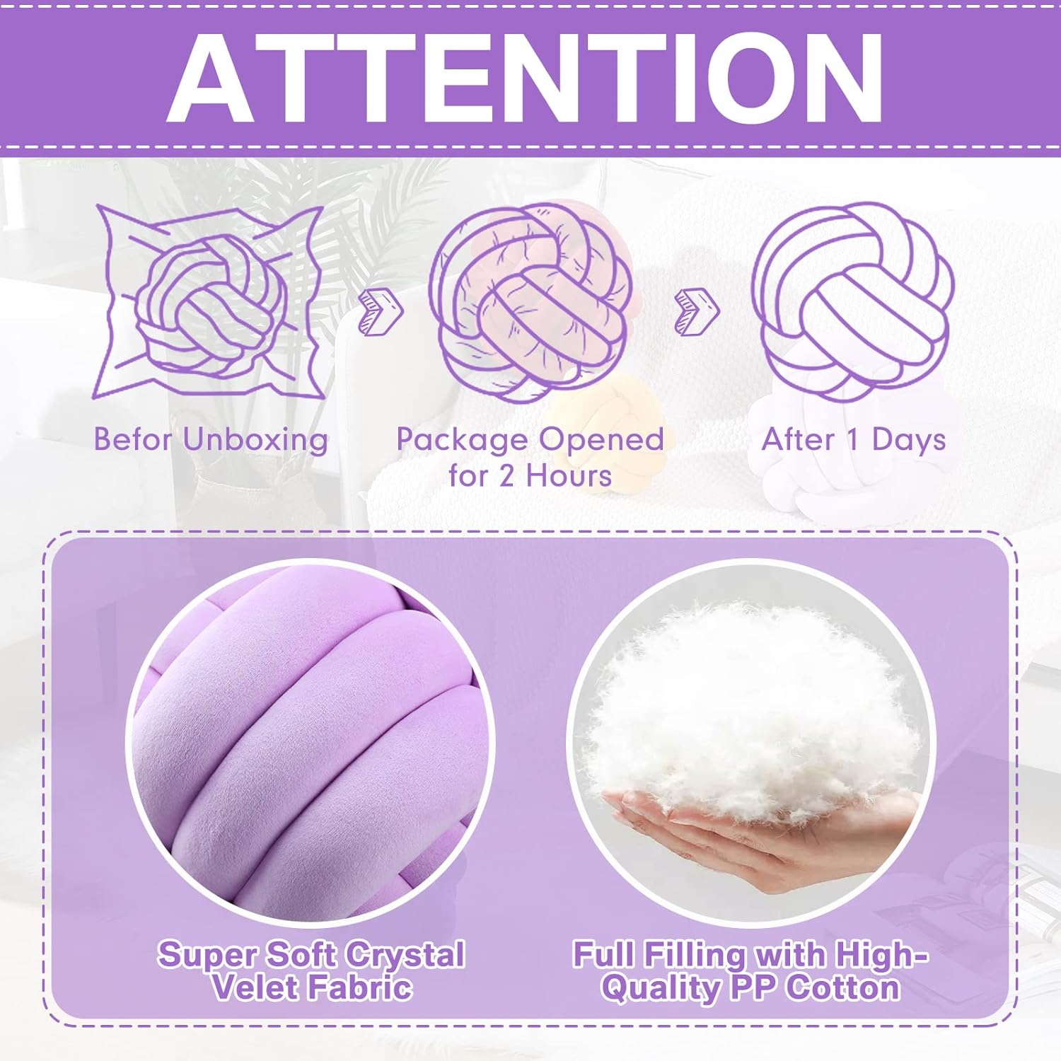 2 Pieces Knot Ball Pillows Round Plush Aesthetic Cushion Pillows Soft Stress Relieving Cute Decorative Knotted Pillows for Kids Bed Sofa Bedroom Decor (Light Purple, 10.6 Inches)