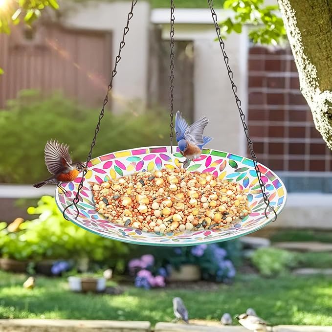 MUMTOP Mosaic Hanging Bird Bath-Bird Baths for Outdoors - 12 Inch Glass Birdbath Bird Water Bowl Bird Feeders for Outside, Garden, Lawn Yard Decor（Colorful Flower）