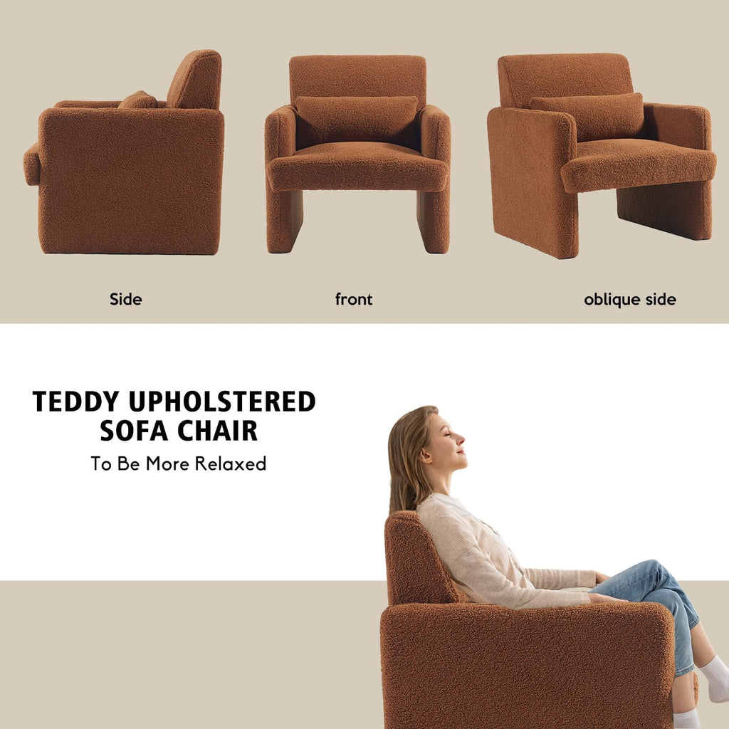 Gaussen Sherpa Accent Chair Mid Century Modern Living Room Chairs with Pillow Fluffy Single Sofa Chair Upholstered Arm Chair Oversized Reading Chair Comfy Chair for Bedroom/Office/Cafe (Autumn)