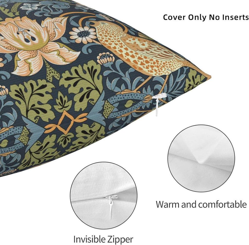 William Morris Vintage Floral Bird Strawberry Thief 18x18 inches Pillow Cover, Outdoor Farmhouse Pillow Cover Home Decor for Couch Sofa