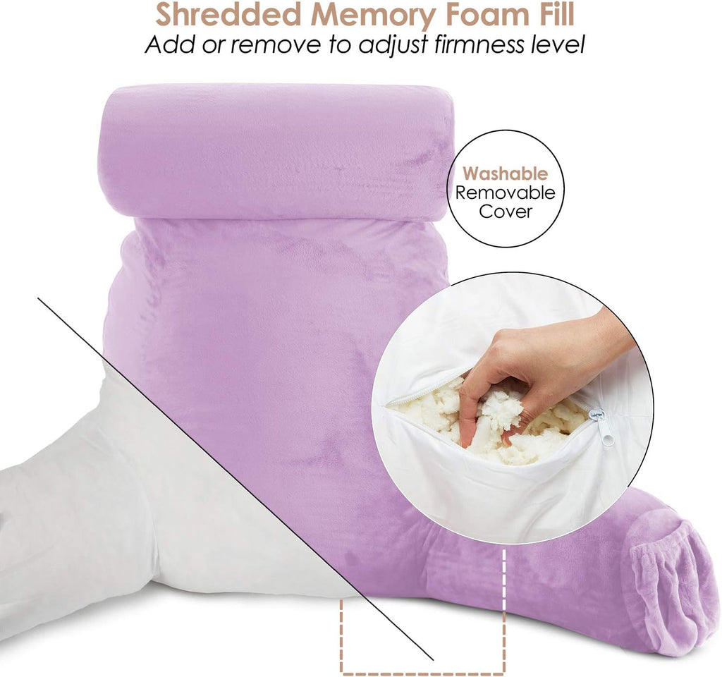 Nestl Reading Pillow with Shredded Memory Foam Includes 2 Neck and Lumber Support Pillows, Designed for Sitting Up in Bed and Couch, Back and Arms Adjustable Support for Adult & Teens, Lavender