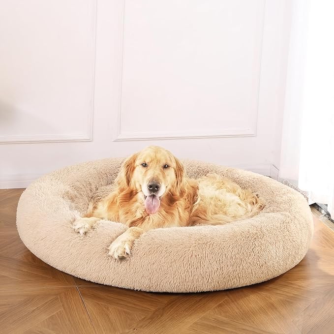 Amazon Basics Donut Pet Bolster Faux Fur Bed for Dog, Beige, 45" x 45"