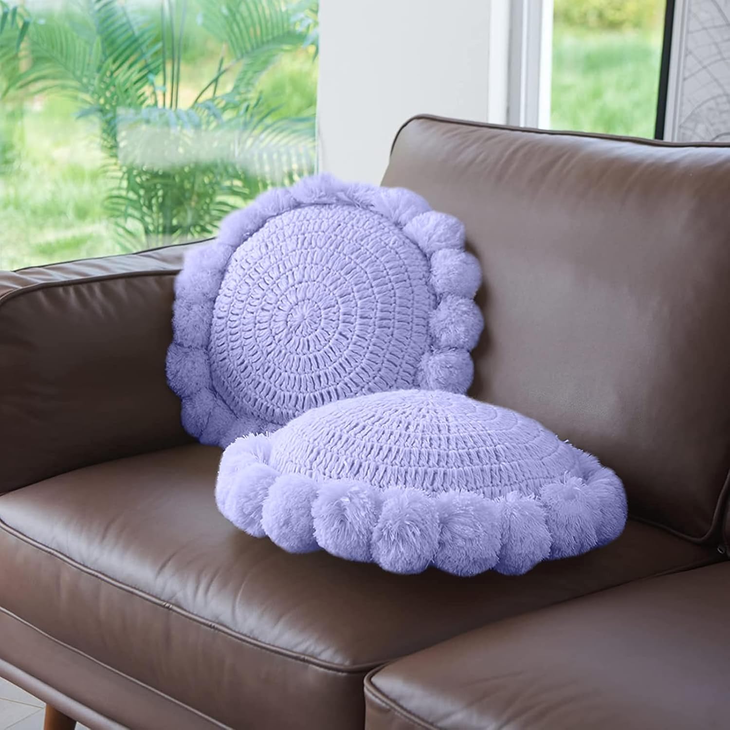 Boho Round Throw Pillow with Cute Handmade Pom Poms Tassels 18 Inch, Decorative Circular Knitted Crochet Cushion for Couch, Sofa, Chair, Bed, Purple