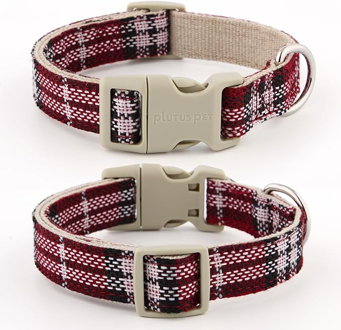 Plutus Pet Cotton Hemp Dog Collar and Leash Set, Adjustable Collar for Small, Medium, and Large Dogs, Heavy Duty and Soft on Skin, Red Plaid, M