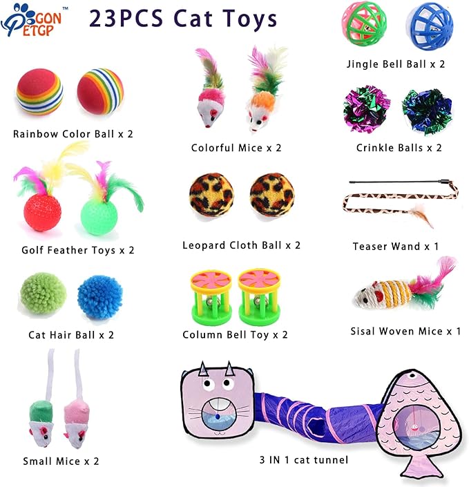 GONPET Set for Indoor Cats: 23 PCS Kitten Toys, Incl. Collapsible Pet Tunnel, Interactive Cat Teaser Wand & Balls