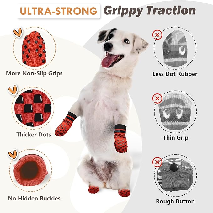 Non Slip Dog Socks to Prevent Licking Paws Grippy Socks for Senior Dog on Hardwood Floors Anti Slip Dog Socks for Christmas Holiday Double Side Paw Protector Prevent Scratching Red XL