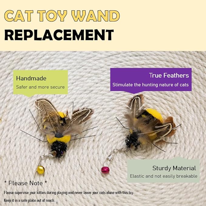 Cat Insect Feather Toys Replacement - 2 Pcs Handmade Natural Bees - Cat Toy Wand Refills - Interactive Kitten Teaser Wand Attachments - Cat Toys for Indoor Cats Play
