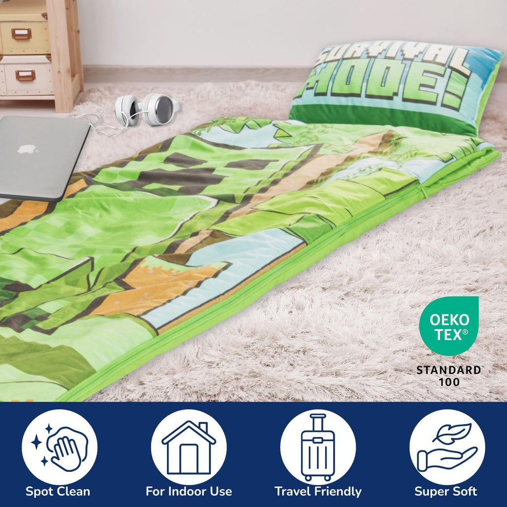 Jay Franco Kids Slumber Bag and Pillow - 54 x 27 Inch Comfy Indoor Sleeping Bag for School and Sleepovers, 2 Piece Set, Green - Minecraft