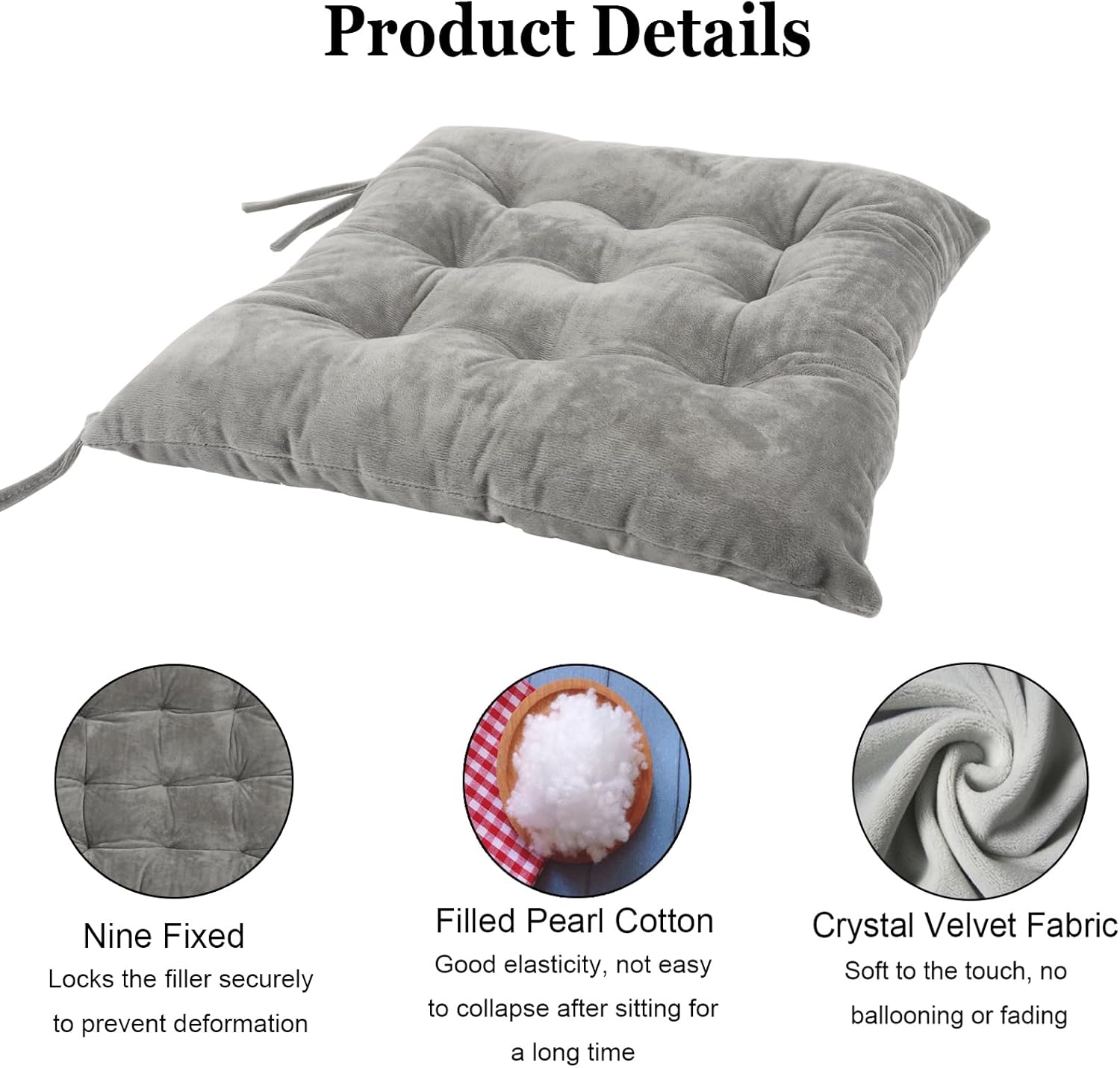 2 Pack Square Seat Cushion Chair Pads for Kitchen Dining Chairs, Soft Comfort Velvet Chair Mat Pillow Cushions with Ties for Office Desk Living Room Tatami 15.5", Gray