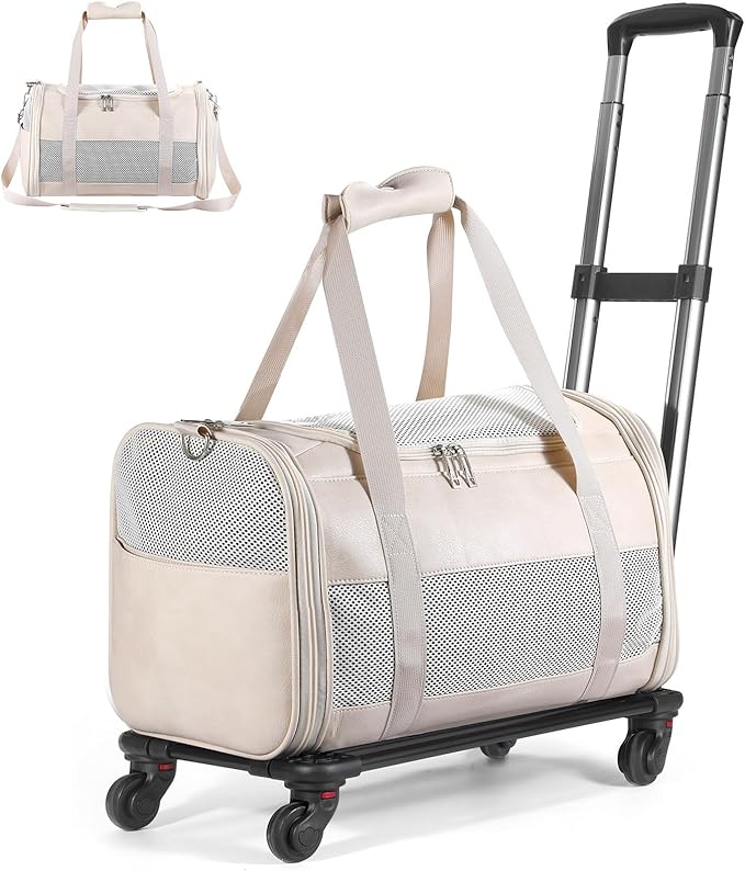 Airline Approved Pet Carrier with Wheels, Rolling Soft Sided Dog Cat Travel Bag, Premium Fashion Leather Small Pet Carrier Purse for Puppies and Cats White