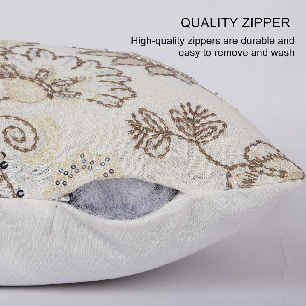 Floral Embroidered Lumbar Throw Pillow Cover 12x 20, Sequin Chinoiserie Flower Neutral Linen Pillow Cushion Cases, Farmhouse Decorative Pillows for Bed, Outdoor Couch White