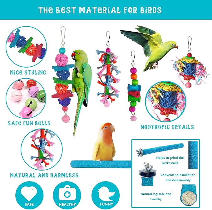 23pcs Bird Parakeet Cockatiel Toys,Parrot Swing Chewing Hanging Toy with Safe Bells,Bird cage Colorful Climbing Standing Rope Natural Wood Ladder Bungee Toys
